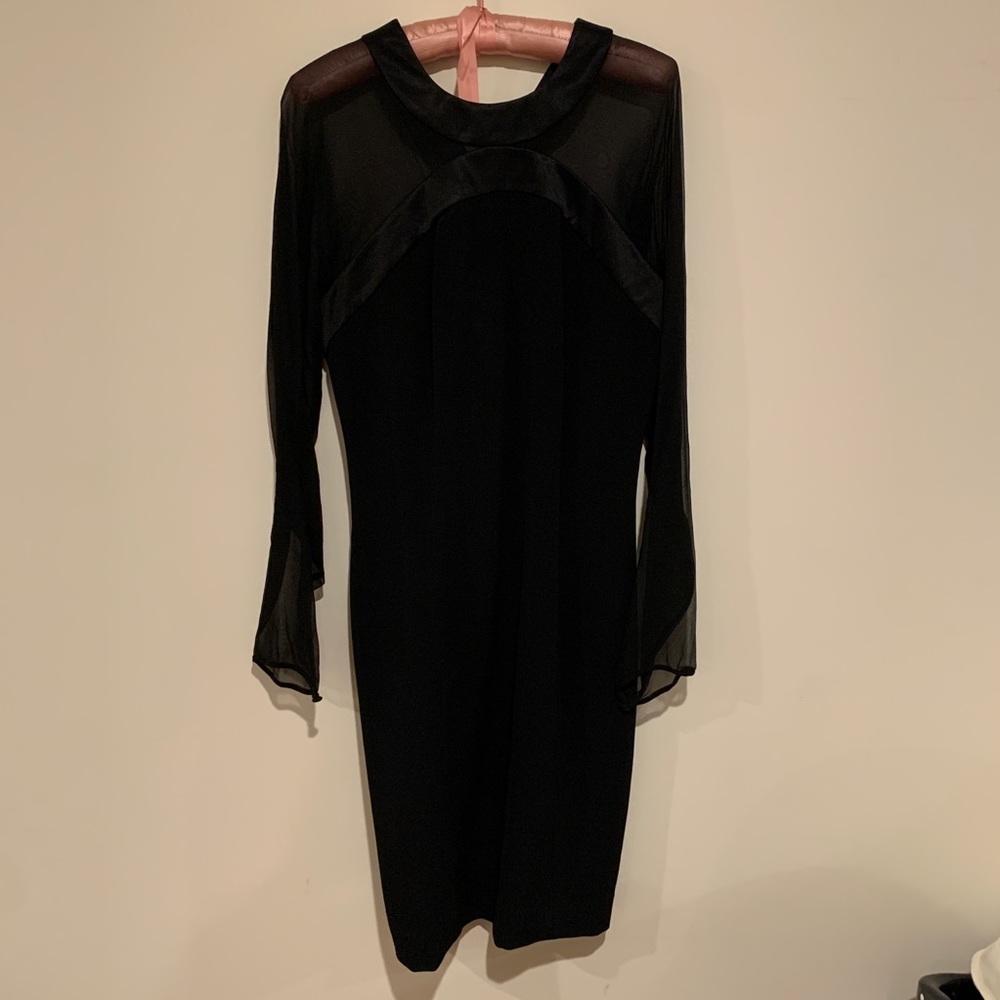 Bill Blass black sheer long sleeve pencil dress 12